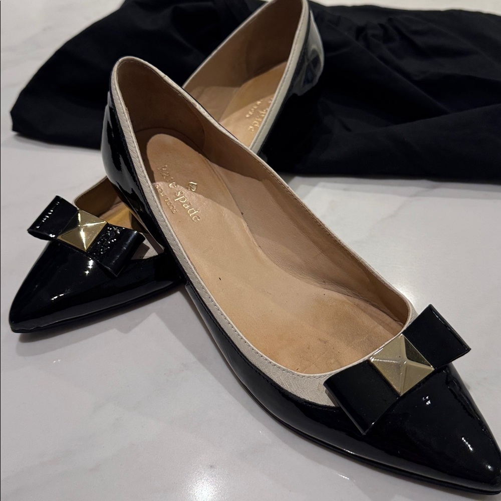 kate spade Black Patent Pointed Toe Bow Flats with Gold Accent - Picture 2 of 12